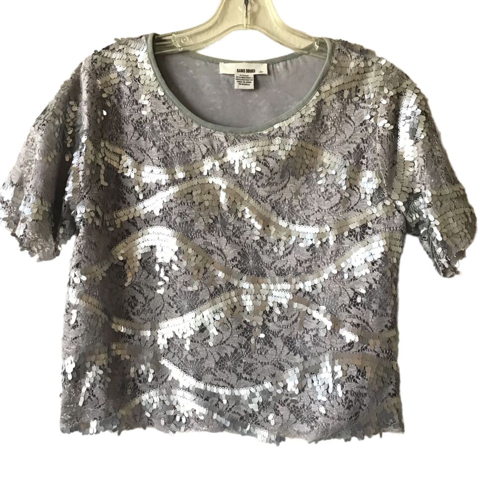 Sans Souci Womens Top S Silver Gray Lace Sequins Rave Cropped Disco Going Out